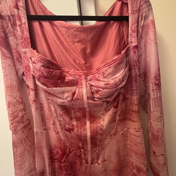 Pink Mesh Long Sleeve Bodycon Dress - Picture 5 of 6